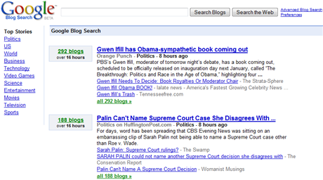 La nuova interfaccia di Google Blog Search