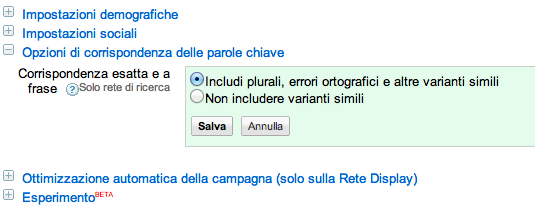 opzioni di corrispondenza delle parole chiave su AdWords