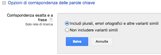 modalità di corrispondenza delle parole chiave su AdWords