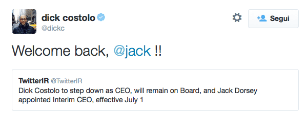 Dick Costolo annuncia la notizia su Twitter